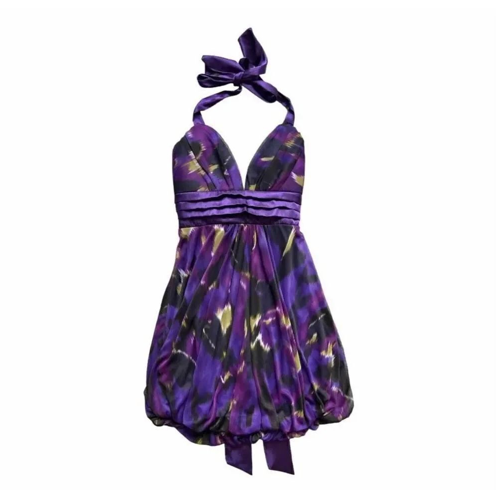 NWT Womens My Michelle Vibrant Watercolor Halter Chiffon Balloon Dress - Sz S